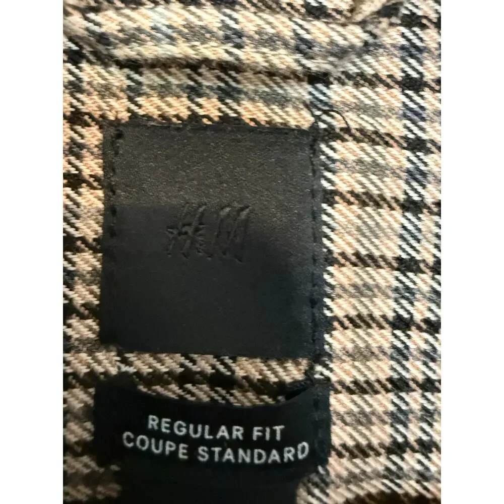 H&M Men’s Regular Fit Glen Plaid Zip Shirt Jacket Shacket Beige Black Size Small